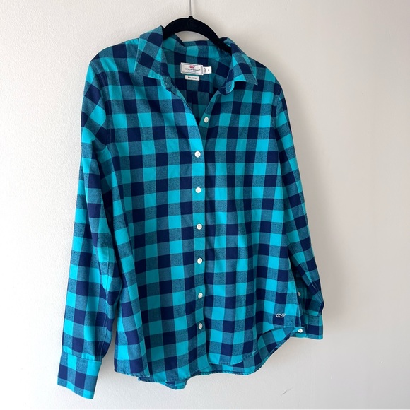 Vineyard Vines Performance Women’s Button Down Shirt Relaxed Teal Blue Plaid - Picture 2 of 7